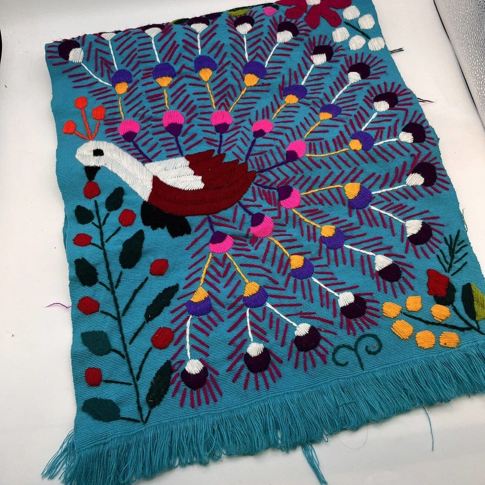 Mexican Hand Embroidered Tapestry Colorful Peacock Flowers Table Runner 64x17